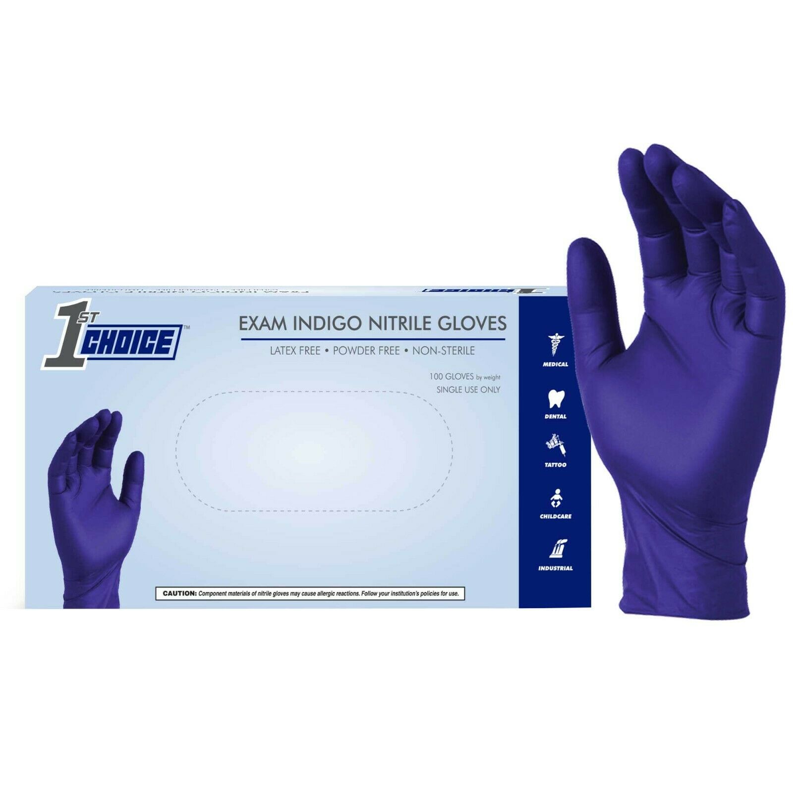 1000/cs 1st Choice Nitrile Gloves Indigo 3 Mil Exam Powder Free Non Latex Vinyl