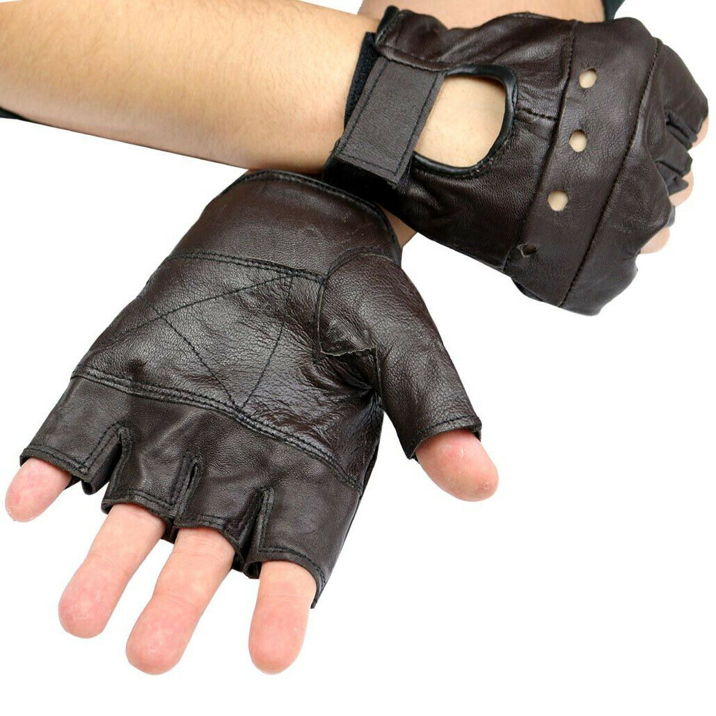 Mens Brown Leather Finger Less Driving Motorcycle Biker Gloves Work Out Exercise