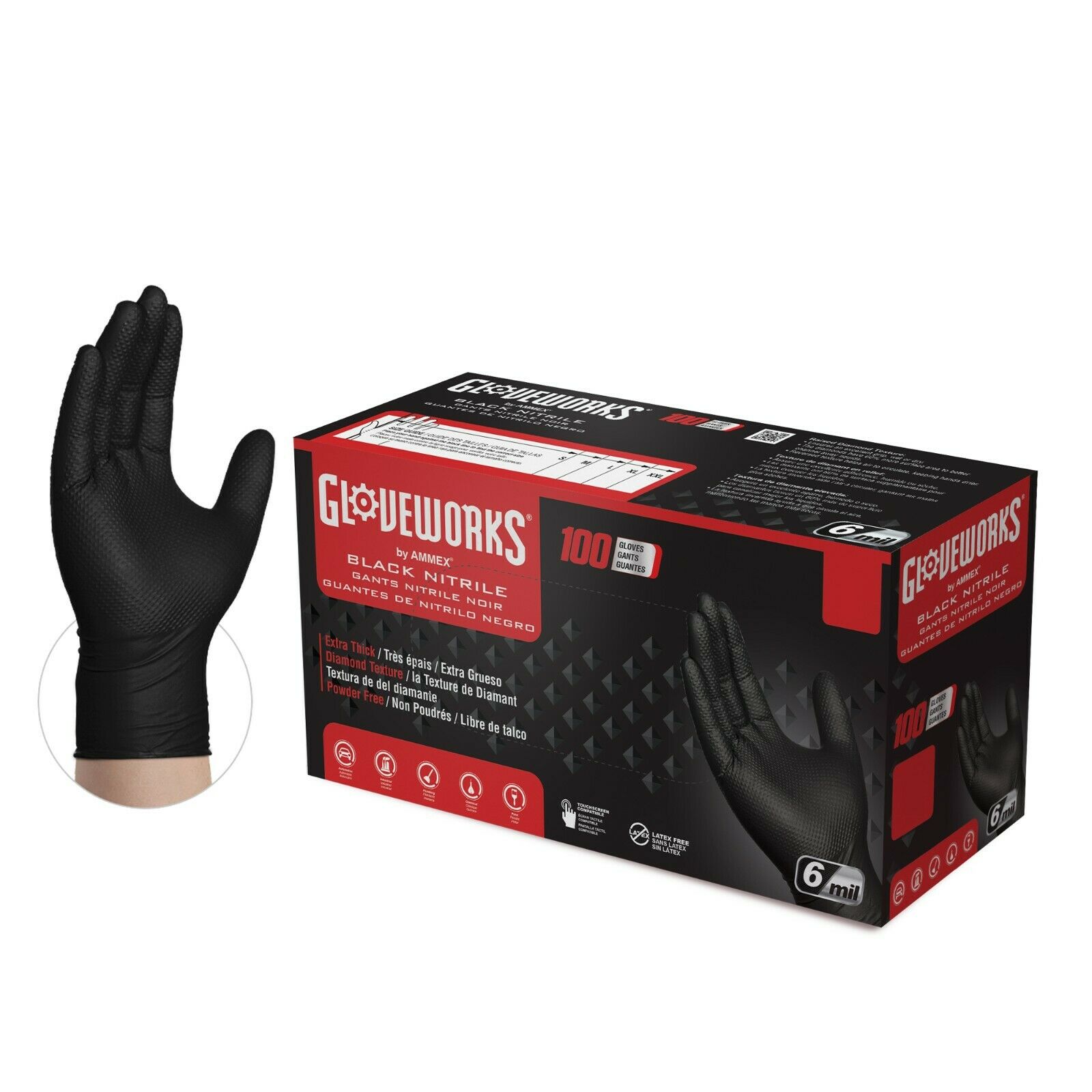 1000/cs Gloveworks Hd 6 Mil Gwbn Latex Free Nitrile Disposable Gloves - Black