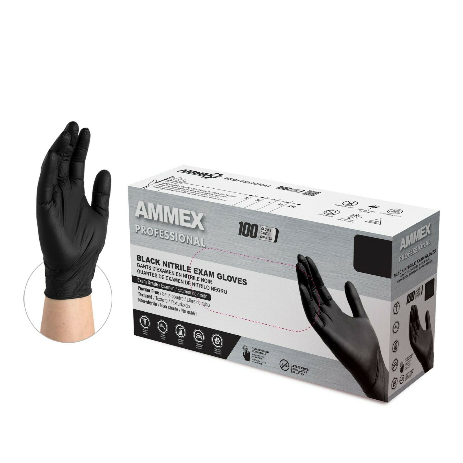 1000/cs Ammex 3 Mil Exam Latex Free Nitrile Gloves - Abnpf Black Non Vinyl